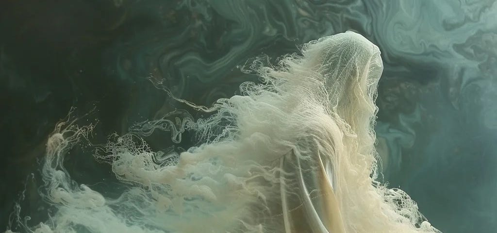 A teal and ivory painterly image of an ambiguous person draped in white that is dissolving.