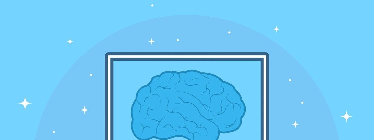 IMAGE: On a blue background, an open laptop with a brain on its screen