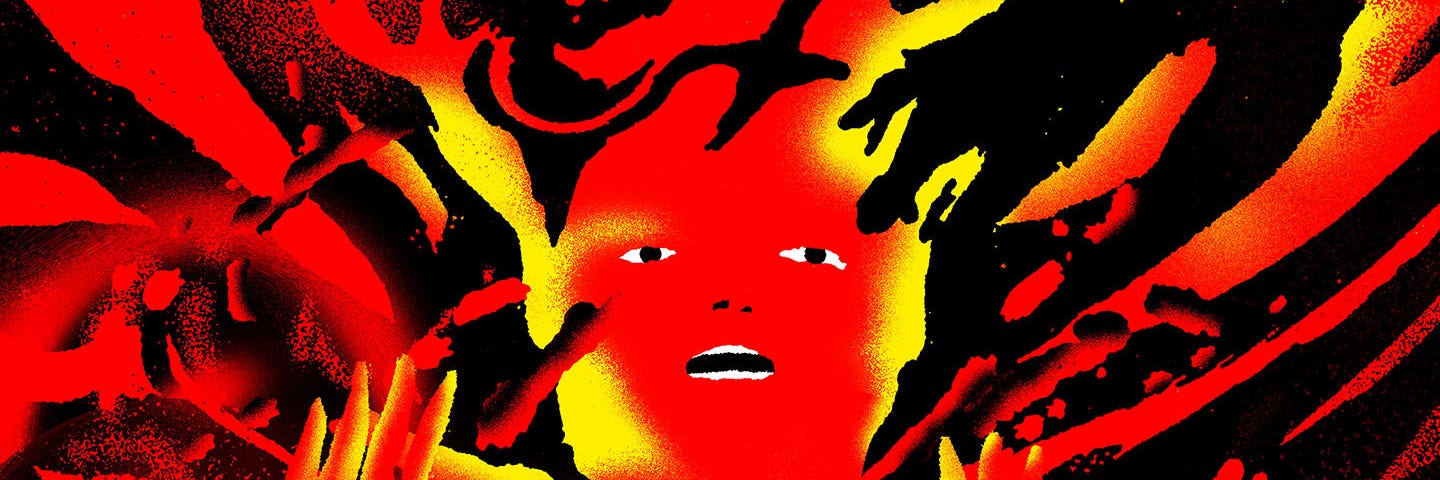 Stylized illustration of a person in the midst of red and yellow flame-like shapes.