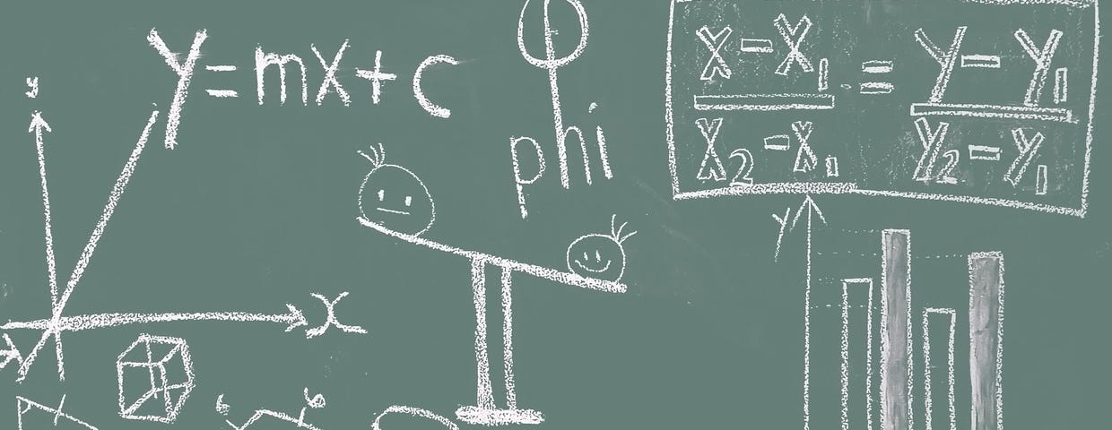 Image: A green chalkboard (remember those?) covered in a variety of algebra and geometry problems. And some smiley faces.