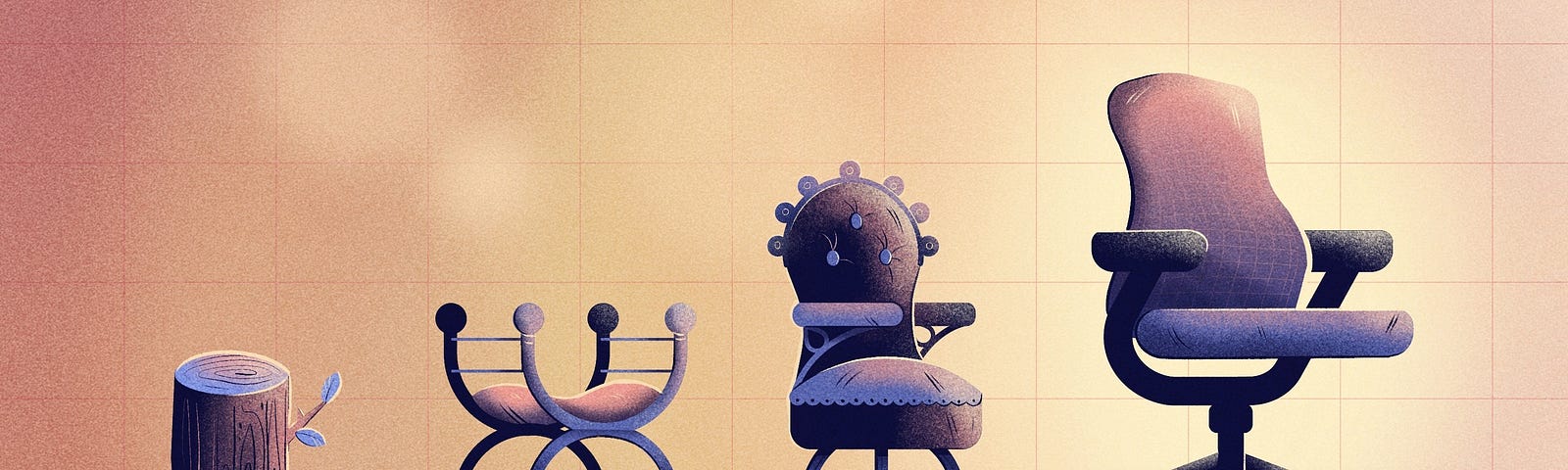 椅子的演变的编辑插图。椅子是紫色的，背景是黄色的。第一把椅子是一个树桩。第二把椅子是曲尺椅。第三把椅子是向心椅。第四把椅子是现代办公椅。