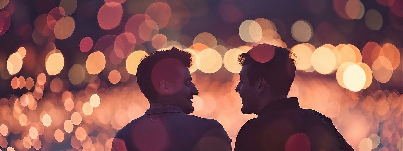 Two young men look at one another and flirt amidst a sea of circular lights, perhaps headlights