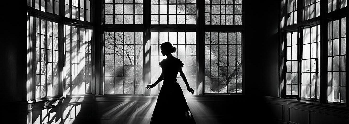 Girl silhouetted by light from windows