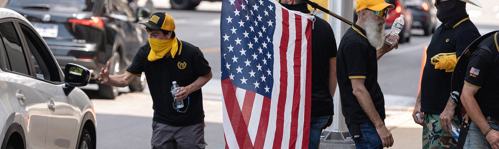 Members of the Proud Boys gather near the Tennessee State Capitol ahead of a special session on public safety in Nashville, Tennessee, August 21, 2023. Photo by Cheney Orr/Reuters