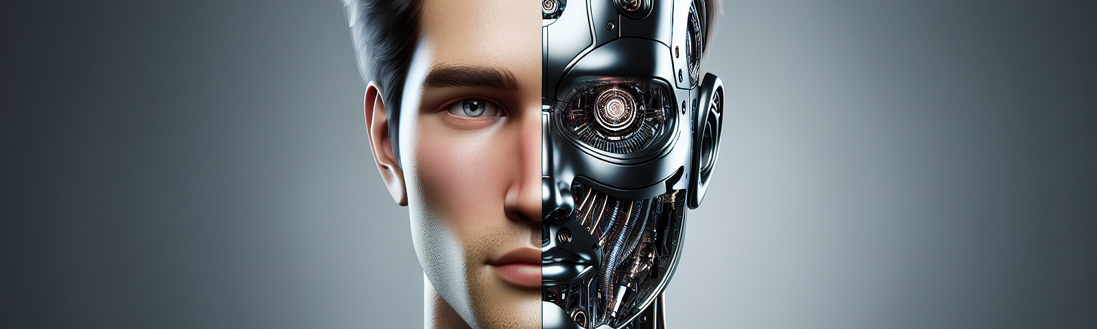 Picture of a single figure divided in two. It is a half human and half robot figure.. The left side is a white human man and the right side is a shiny robot