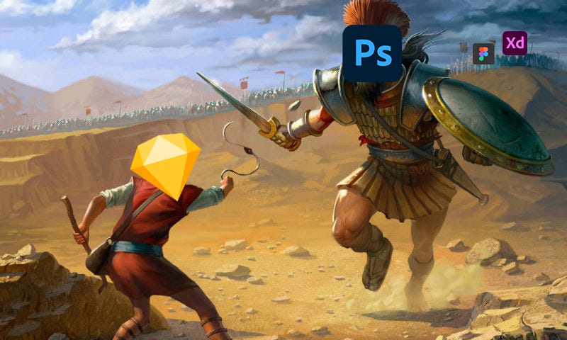 An illustration of David vs Goliath, the logo of Sketch superimposed on the head of David, the logo of PhotoShop superimposed on Goliath’s.