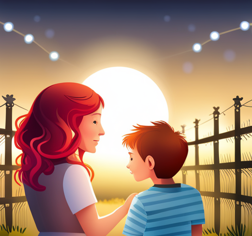 A woman stands with her son with a background of the moon.