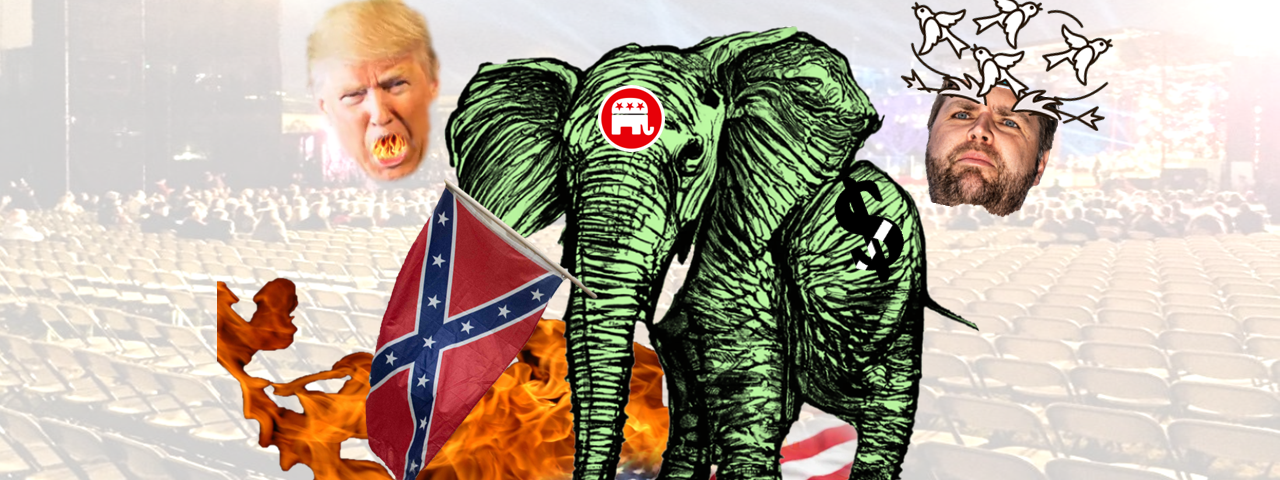 A green elephant stepping on a burning American flag while holding a confederate flag in its trunk. Floating heads of Trump and Vance hover above. Trump has flames in his gaping mouth. Vance, with a confused look, has birds swirling over his head.