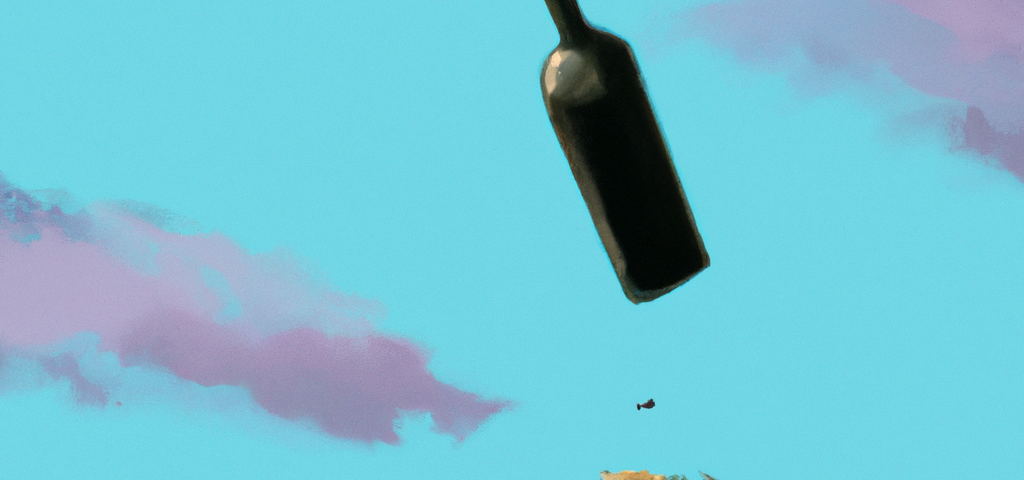 Digital art of a wine bottle being thrown off a cliff.