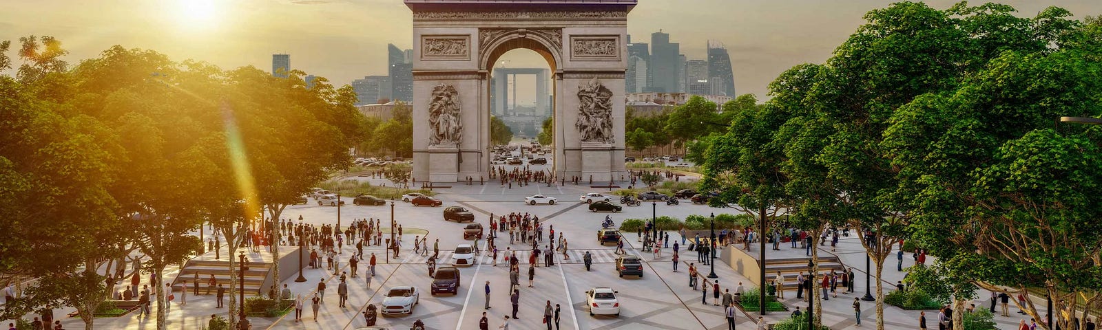 A rendered images of the Arc de Triomphe and the start of the Champs-Elysees, featuring a renovated road with grey-white pavement and criss-cross patterns