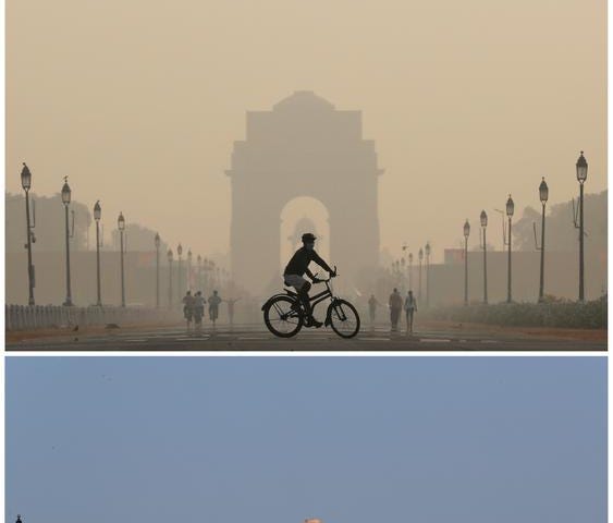 A combo shows the India Gate war memorial on October 17, 2019 and after air pollution levels started to drop during a 21-day