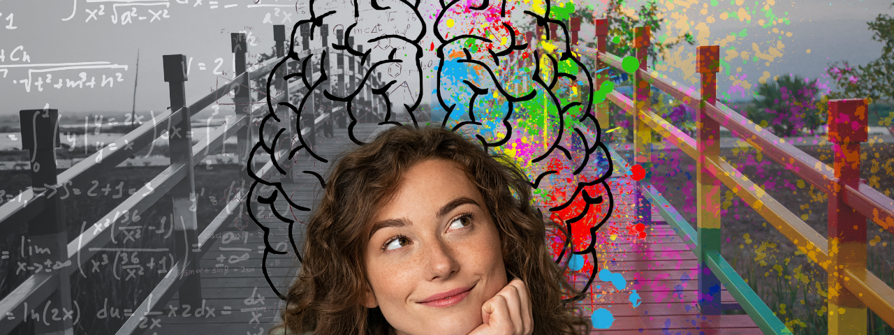 woman contemplating left and right sides of a brain on a bridge half black and white and the other rainbow colored