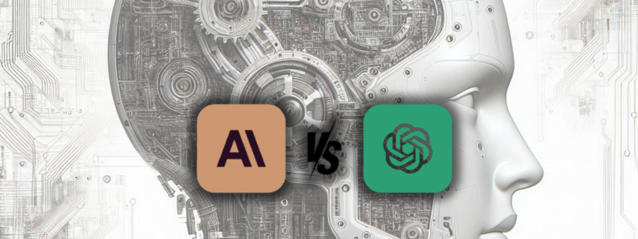 Graphical representation of a human head profile with mechanical gears and circuitry elements, symbolizing artificial intelligence. Two square icons with ‘AI’ and a brain symbol are on the side, with ‘VS’ written between them, indicating a comparison theme