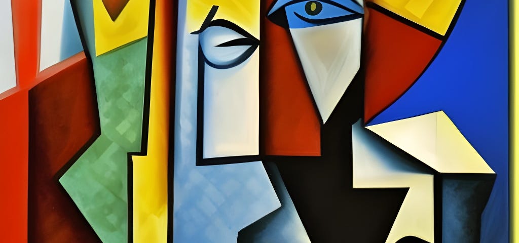 a cubist painting in the style of Picasso featuring the colors of the Google logo