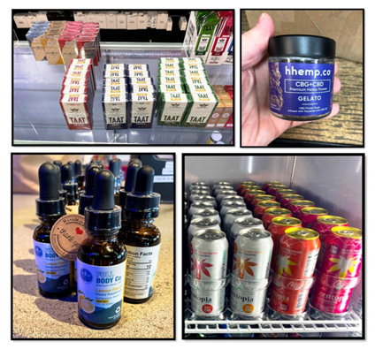 Four images of prohibited synthetic cannabis products, including a package of pre-rolls, container of flower, tincture bottles and canned drinks