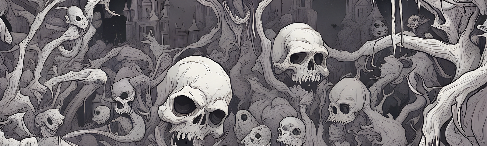 many skulls and vines in a spooky two-tone illustration