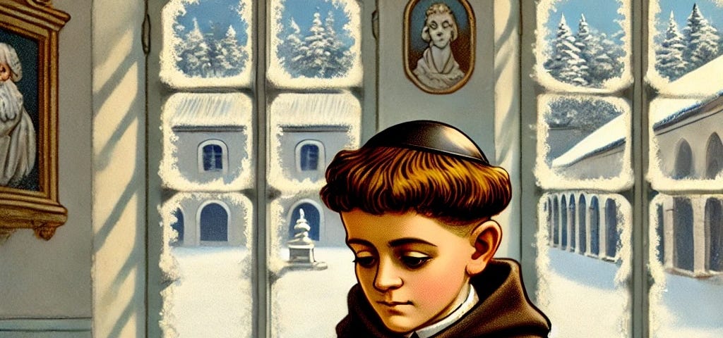 Figure 01: Image created by the Editor via DALL-E 3: Caricature of Saint Quentin, Evo Fernandes’ pseudonym, writing a letter at Lamego College. Wearing a friar’s cassock and with a sarcastic expression, he describes the harsh boarding school conditions while feeling the snow outside.