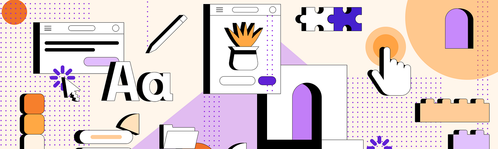 A colorful illustration with some scattered elements that relate to digital products, such as a file icon, a mouse pointer, an edit icon, a few buttons, etc.