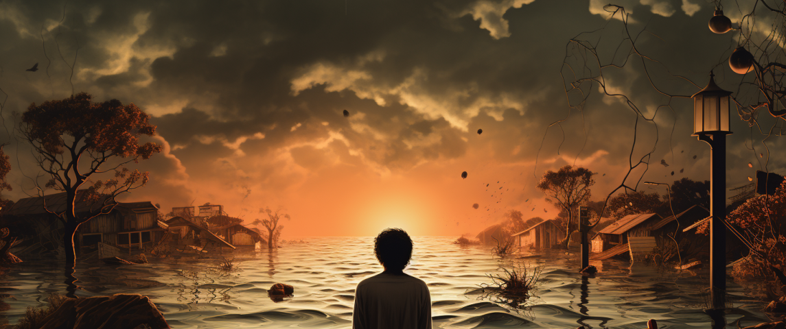 A person sitting in the middle of a flooded landscape. Ruined houses, chairs, and other debris floating with an ominous sunrise in the distance.