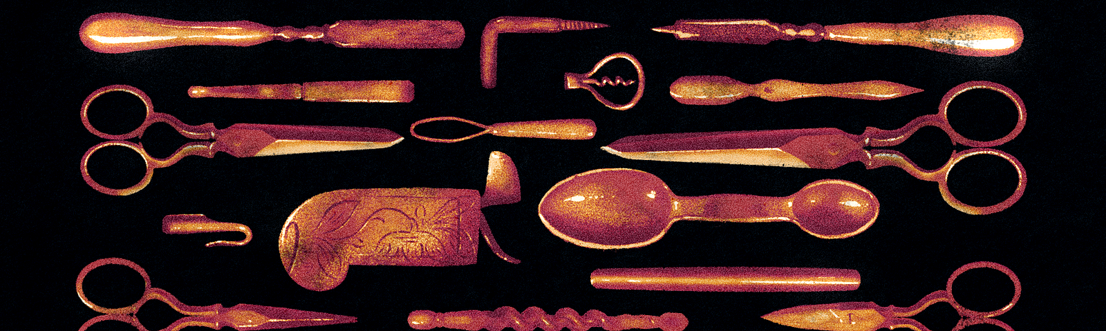 A digital illustration of neatly aligned antique medical tools on a black background