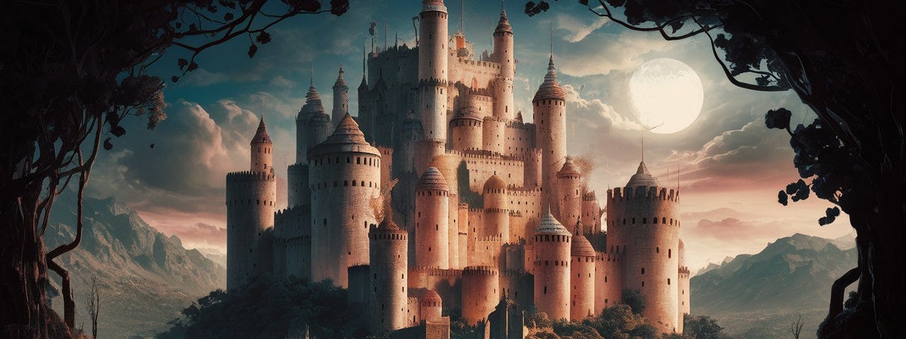 A drawn image of a citadel with many towers in a valley, the camera slightly blocked out by trees.