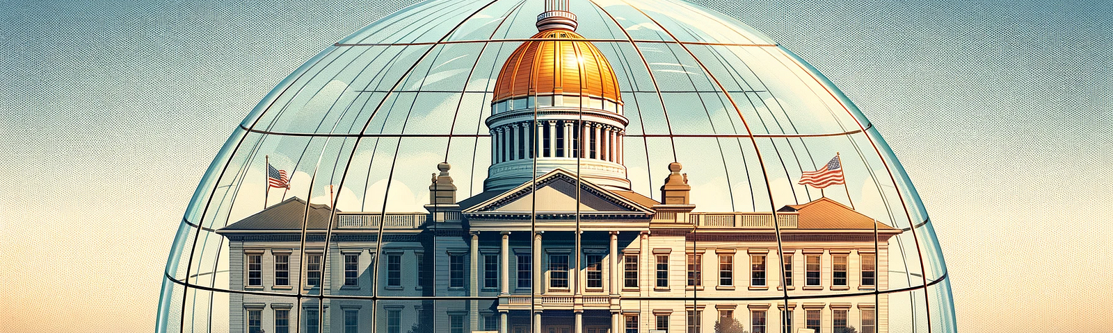 Illustration of a neoclassical building resembling the Trenton Statehouse, enclosed in a transparent dome. The dome houses a circular platform where a diverse group of individuals engage in various activities, such as conversing, reading, and working on laptops. The golden dome of the building gleams under a clear sky, flanked by two American flags.
