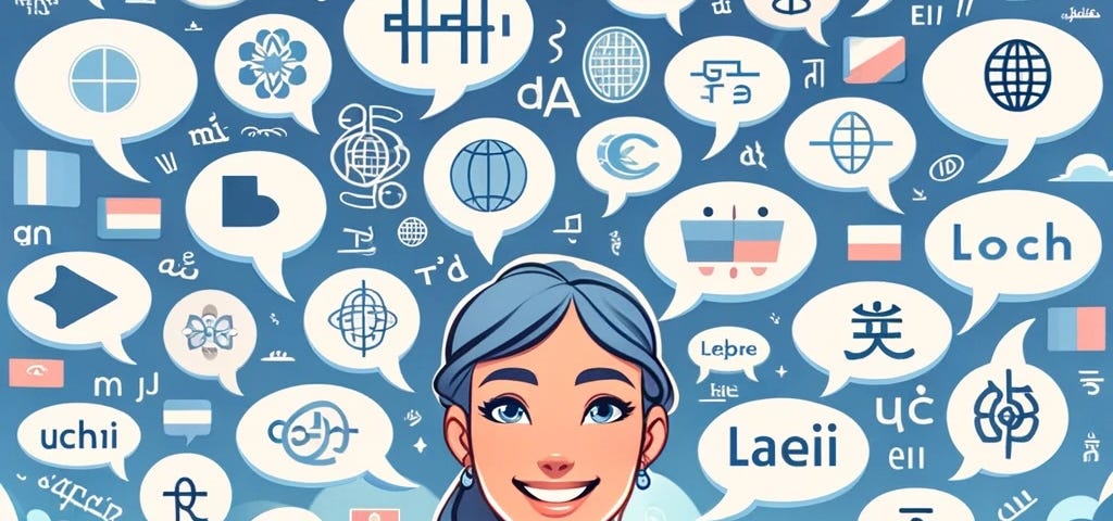 IMAGE: A happy woman surrounded by speech bubbles in various languages, symbolizing the joy and confidence that come with multilingual abilities