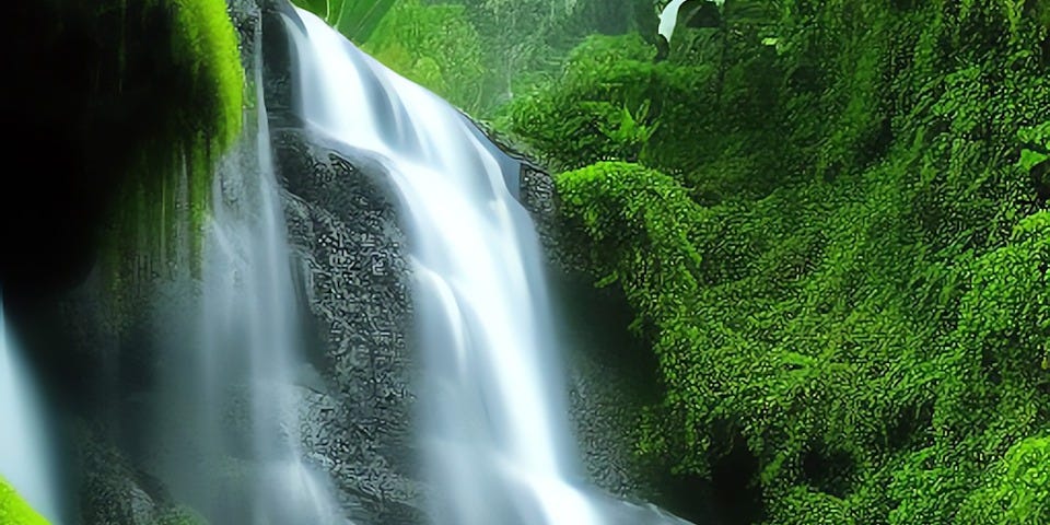A ptristine waterfall surrounded by greenery and moss.