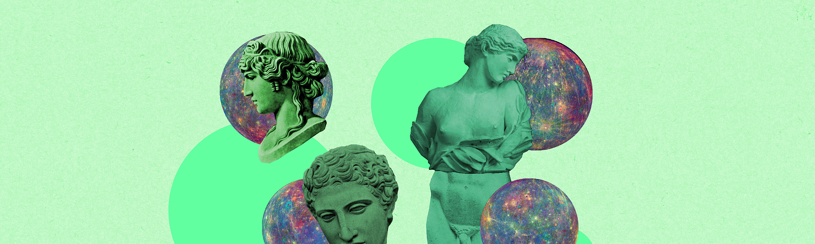 Figuras que remetem à esculturas da Grécia Antiga junto com imagens de planetas. O fundo da imagem é verde claro.