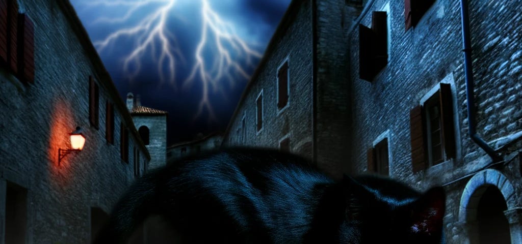 A black cat with red eyes slinks down the alleyways