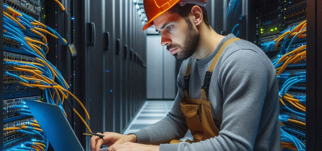 A datacenter operator wearing foreman hat working on servers and switches.