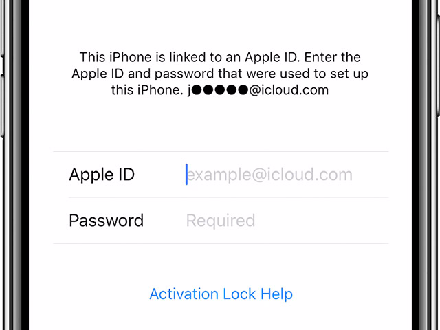 IMAGE: An iPhone displaying the activation lock screen and requesting the Apple ID credentials