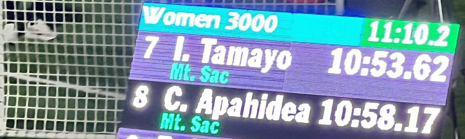 Author photo of daughter’s record-breaking time in the 3000 meters.