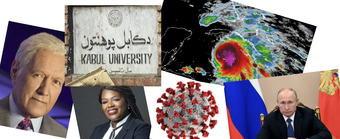A graphic featuring photos of Cori Bush, Alex Trebek, Covid-19, Vladimir Putin, Kabul University, and Tropical Storm Eta.