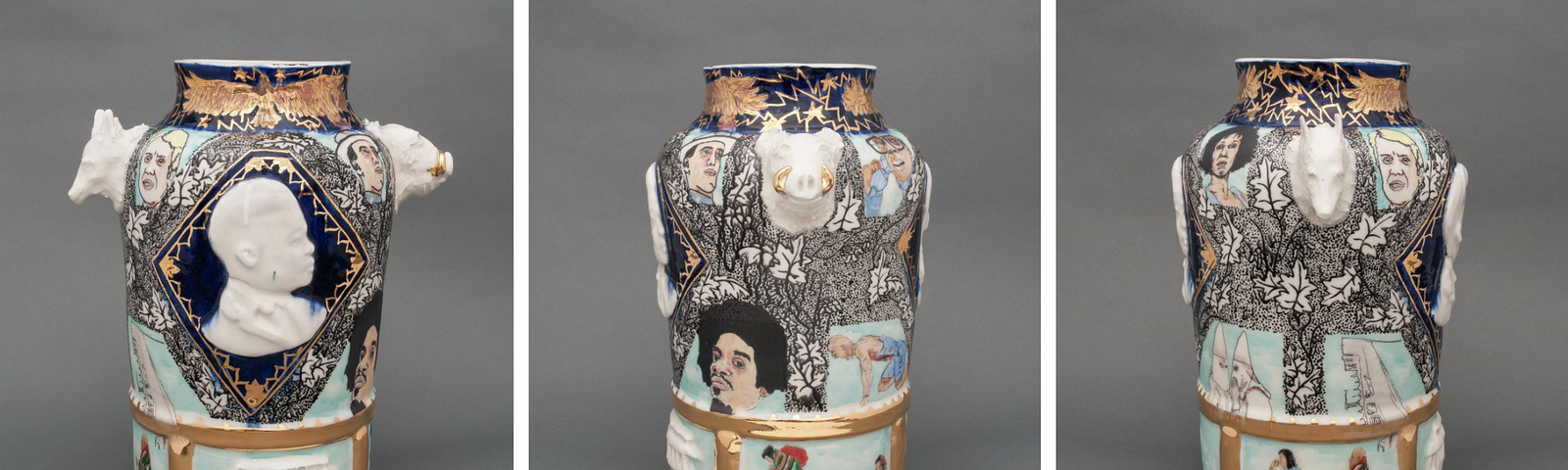 Pictorial vase by Roberto Lugo featuring figures and scenes symbolic of Atlanta’s history.