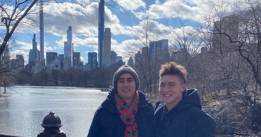 Author’s photo in Nonna’s scarf, with brother and his mullet in NYC