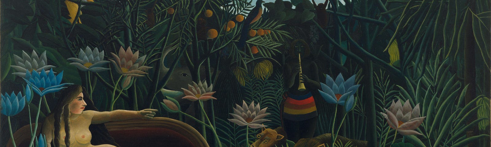 The Dream (1910), by Henri Rousseau. Oil on canvas, 204.5 x 298.5 cm (80.5 x 117.5 in). Museum of Modern Art, New York City. PD-US