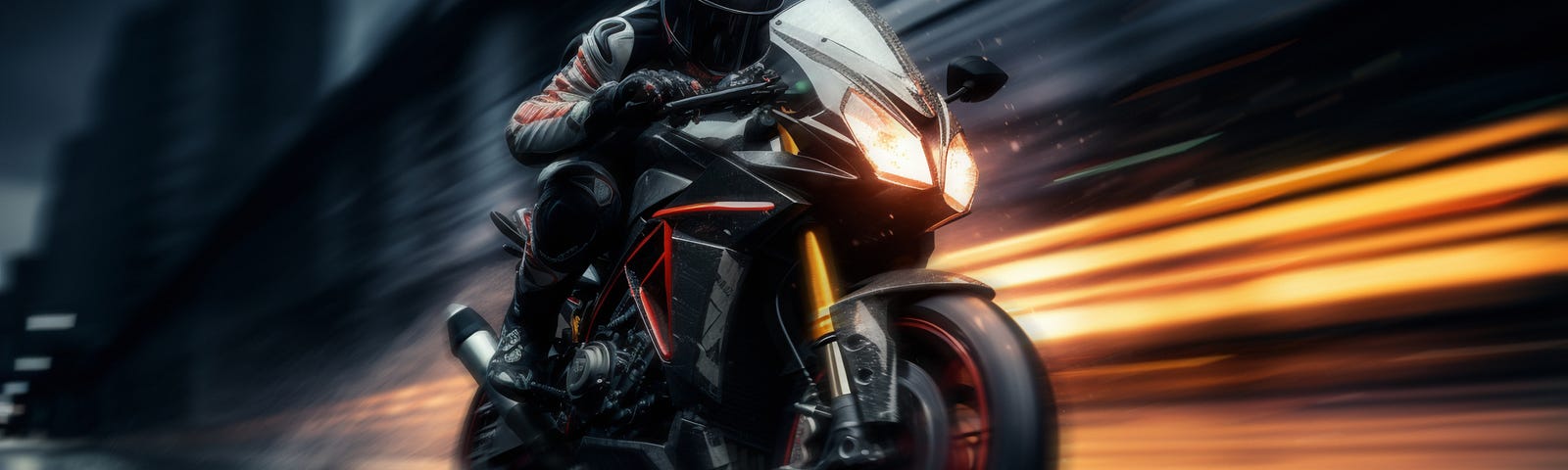 AI generated image of a motorcycle racing through a dark city night