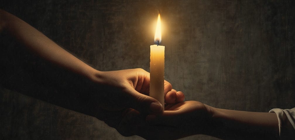 a mother’s hand holding a candle that she is handing to a child’s hand.