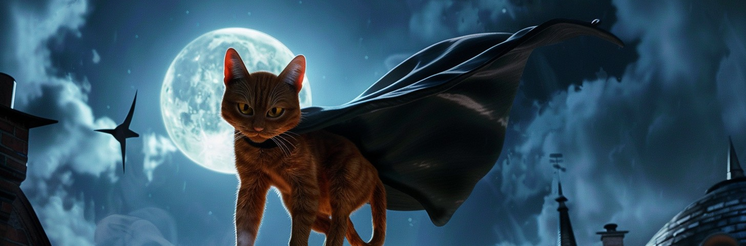 In the haunting glow of a luminous full moon, a daring ginger cat with a flowing black cape stands proudly upon the rooftop of a gothic building. With its eyes full of determination and a stance that exudes confidence, this feline superhero seems ready to leap into action, safeguarding the mysterious city beneath the night sky. The scene is one of fantasy and intrigue, suggestive of a world where animals transcend their nature to become something more, something extraordinary.