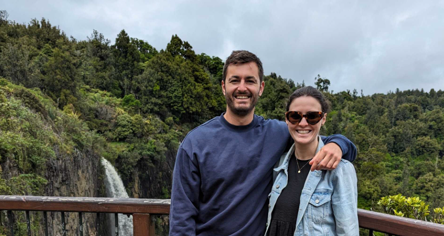 My fiance and I at a waterfall at Raglan, New Zealand