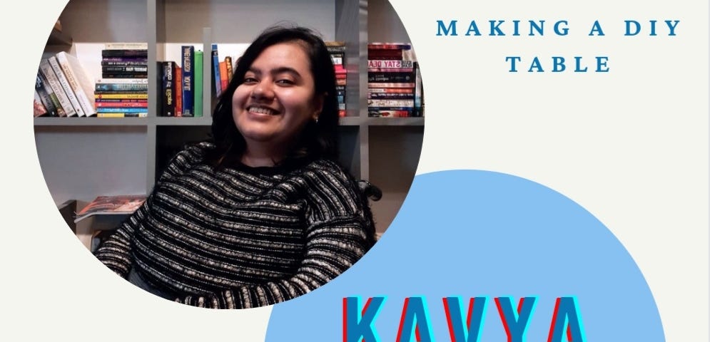 This is a poster about the piece with a photo of Kavya, who is dressed in black and white stripped sweater, sitting on a wheelchair with a book shelf full of books, and looking at the camera, with her name diagonally below that. The name of the piece —Ten Reflections While making a DIY table is written at the top right corner. On the left bottom is the word Dislang written in stylized formatting.