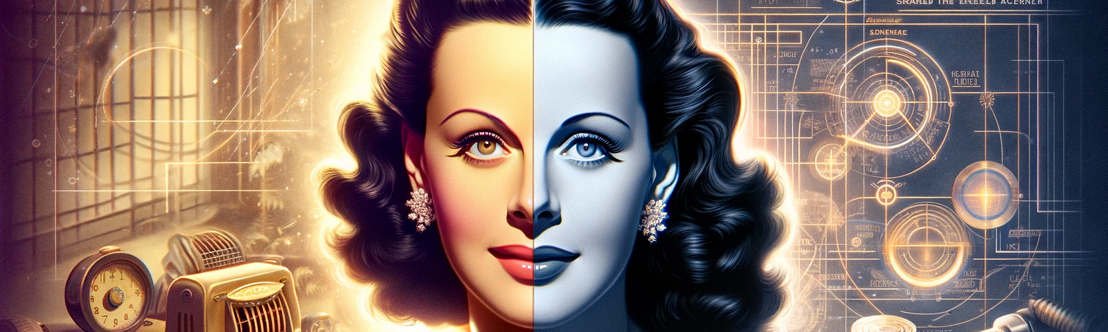 Dual portrayal of Hedy Lamarr, elegantly blending her Hollywood charm with her inventive genius in a single artistic image.