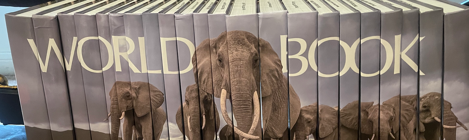Complete set of the 2020 World Book Encyclopedia. The spines across the 22 volumes make a picture of elephants sanding in a field with a turquoise sky. The brand name World Book is spelled out in white letters across the tops of the spines.