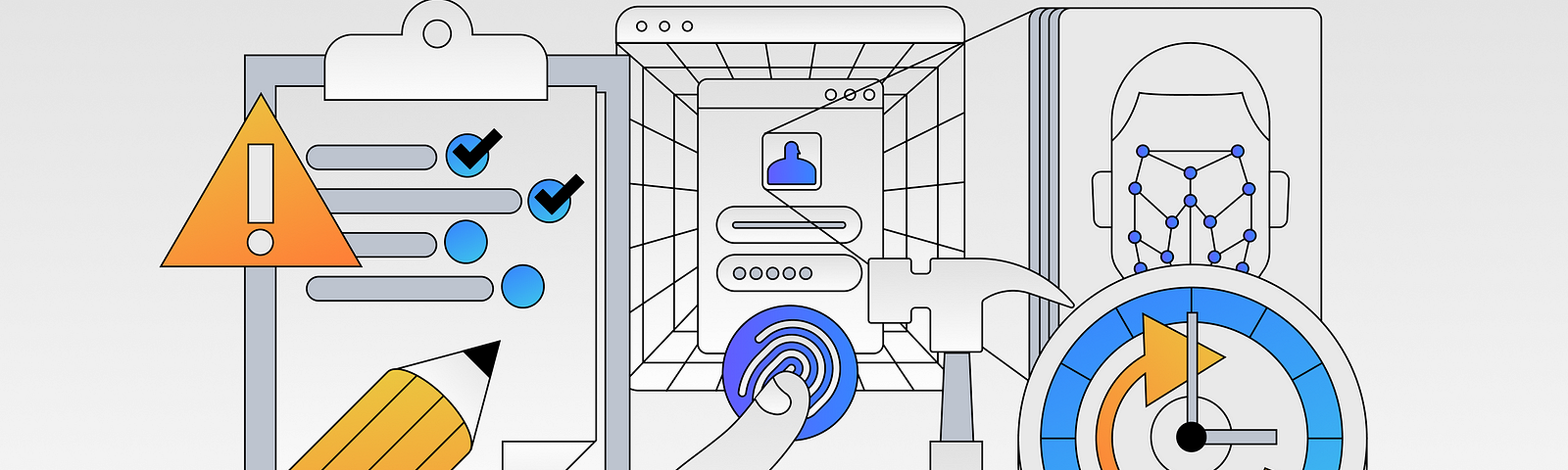 Featured illustration with diverse elements representing research and automation (e.g. pencil, clipboard, user interface, timer).