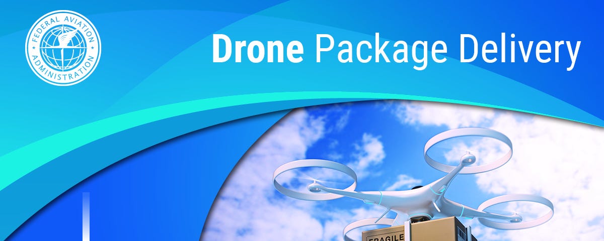 Episode cover art; blue graphic shapes surround a picture of a drone carrying a package. The episode title is Drone Package Delivery.
