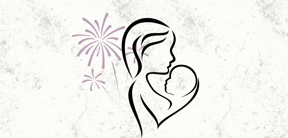 woman with a baby in front of fireworks
