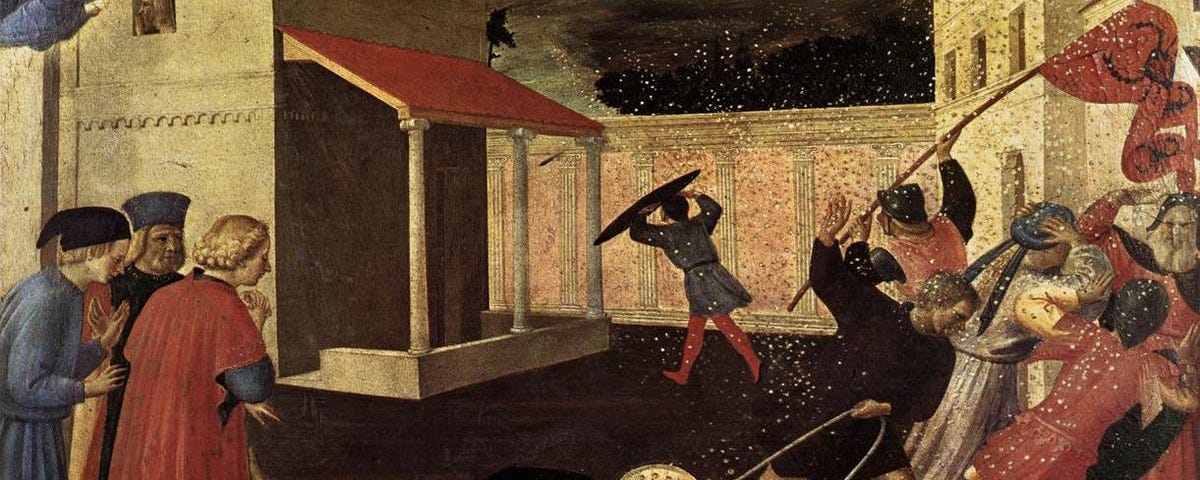 15th-century fresco by Fra Angelico depicting the martyrdom of Saint Mark, with onlookers and an angelic presence in a serene, divine light.