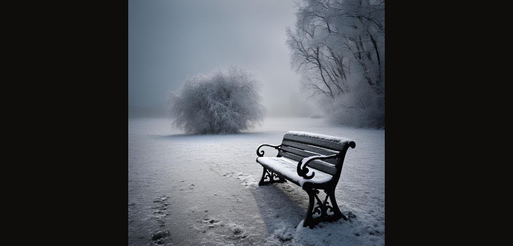 frost-covered bench in a foggy, snowy, bleak place