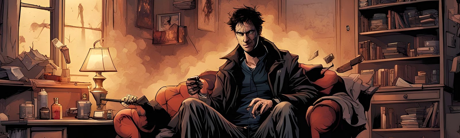 Nightcafe AI rendered image of Harry Dresden, the title character in Jim Butcher’s The Dresden Files book series. Dresden is pictured seated on a couch in a messy and damaged apartment.